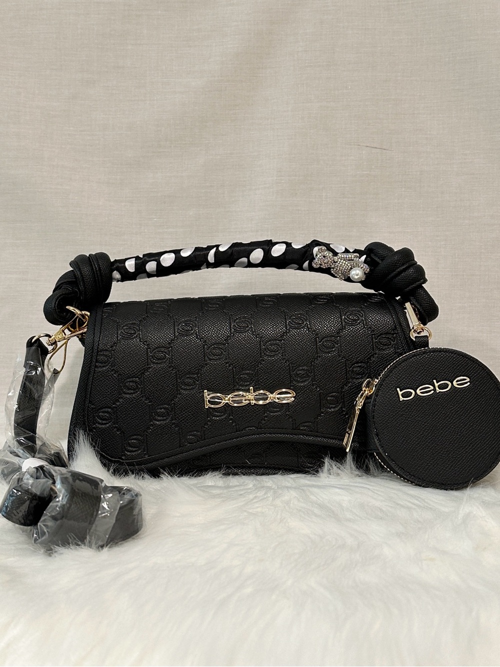bebe Romina Embossed Crossbody & Coin Pouch in Black with Removable Scarf & Pin